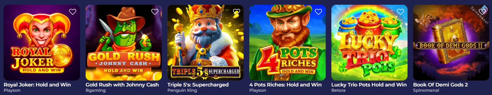Bruno Casino populaire spellen lobby met Royal Joker, Gold Rush, Triple 5, 4 Pots Riches, Lucky Trio Pots en Book of Demi Gods 2