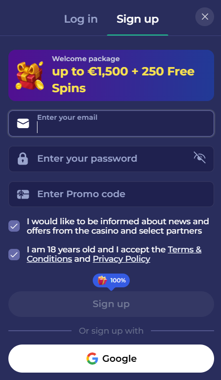Bruno Casino registratie scherm met welkomstbonus tot €1.500 en 250 gratis spins